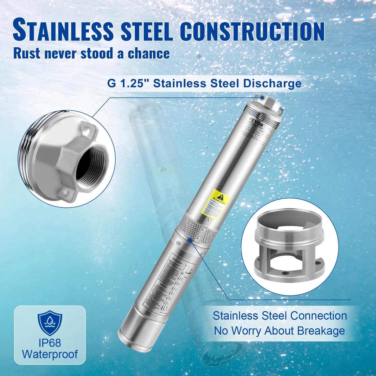 VEVOR Pompe Immergée pour Puits 100 L/min 66 m à Eau Profond en Acier Inox, Électrique 750 W, de Submersible Automatique Usage Domestique Agricole Industriel, Argent,