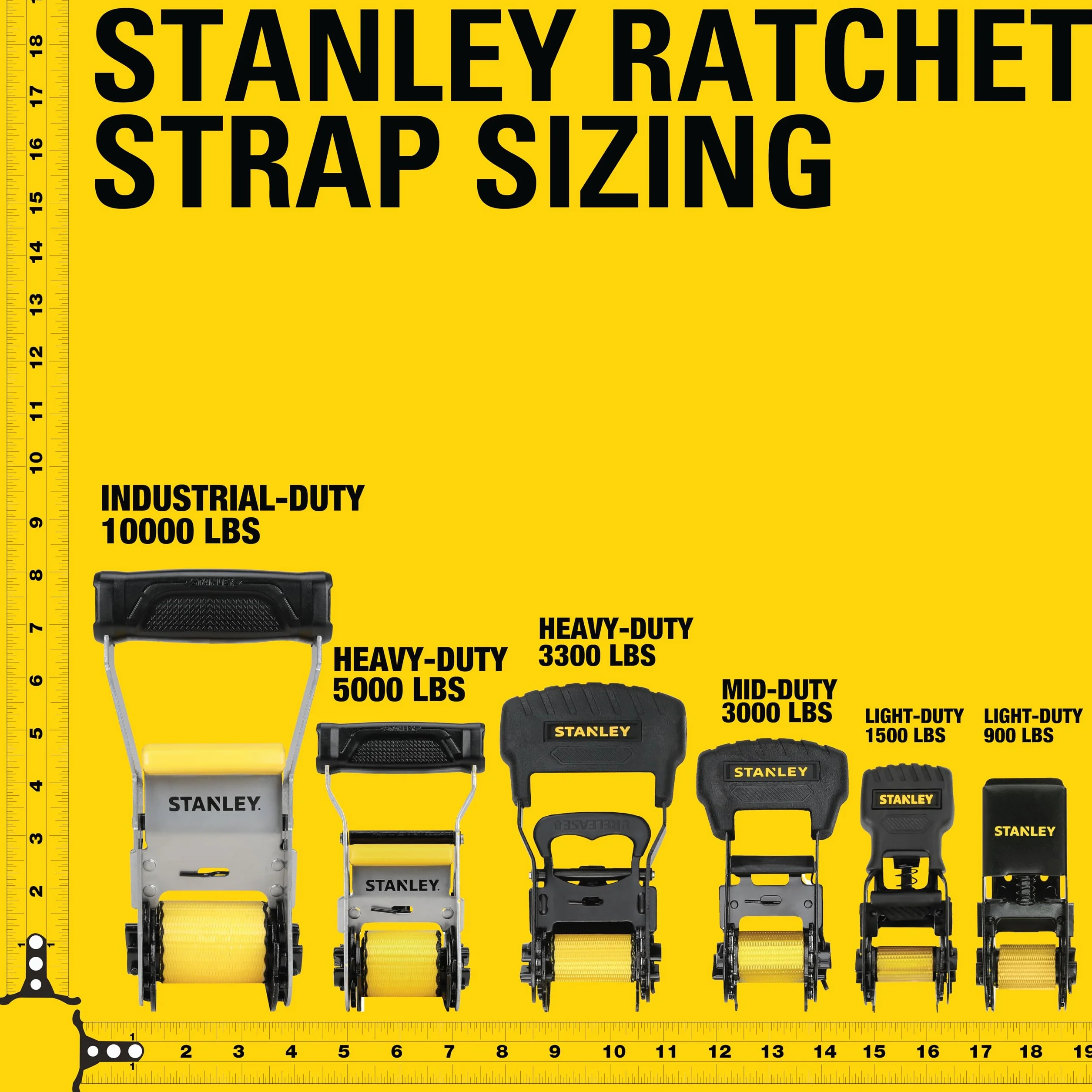 STANLEY S50002-3 Lot de 6 Sangles à cliquet Robustes de 3,8 cm x 4,9 m (résistance à la Rupture de 2,3 kg) Noir/Jaune