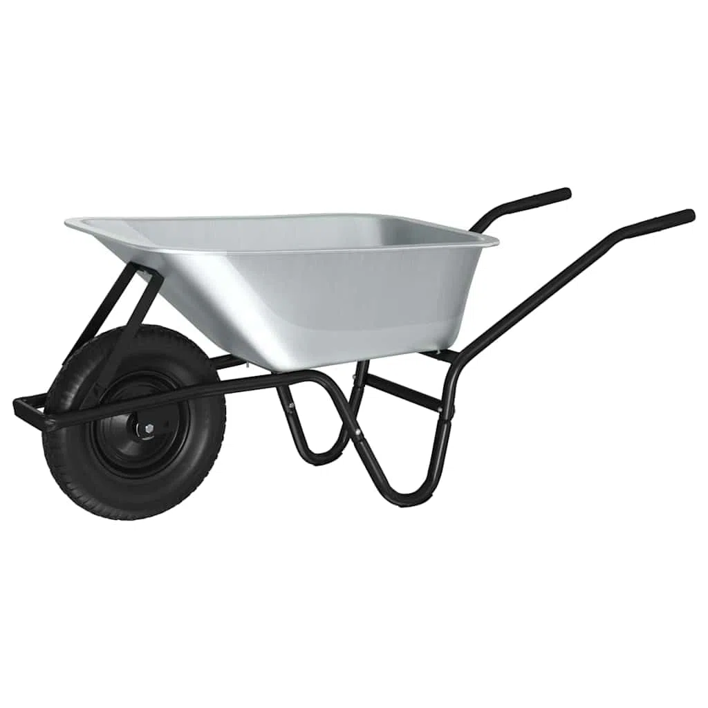 Brouette en acier argenté et noir 141 x 60 x 57 cm avec pneus pneumatiques, fonction bascule et grande capacité de charge pour jardin, chantier, cour et agriculture en extérieur