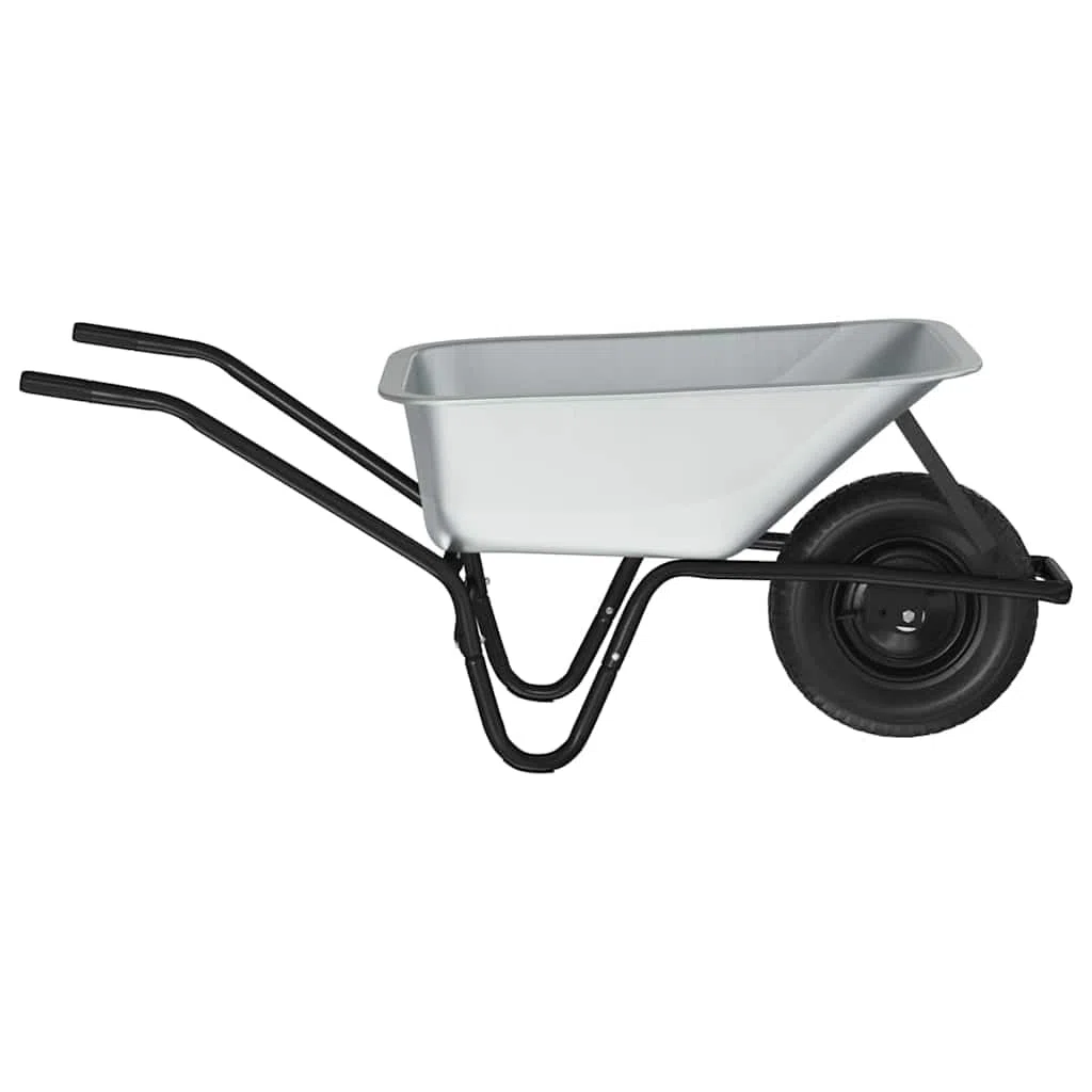 Brouette en acier argenté et noir 141 x 60 x 57 cm avec pneus pneumatiques, fonction bascule et grande capacité de charge pour jardin, chantier, cour et agriculture en extérieur