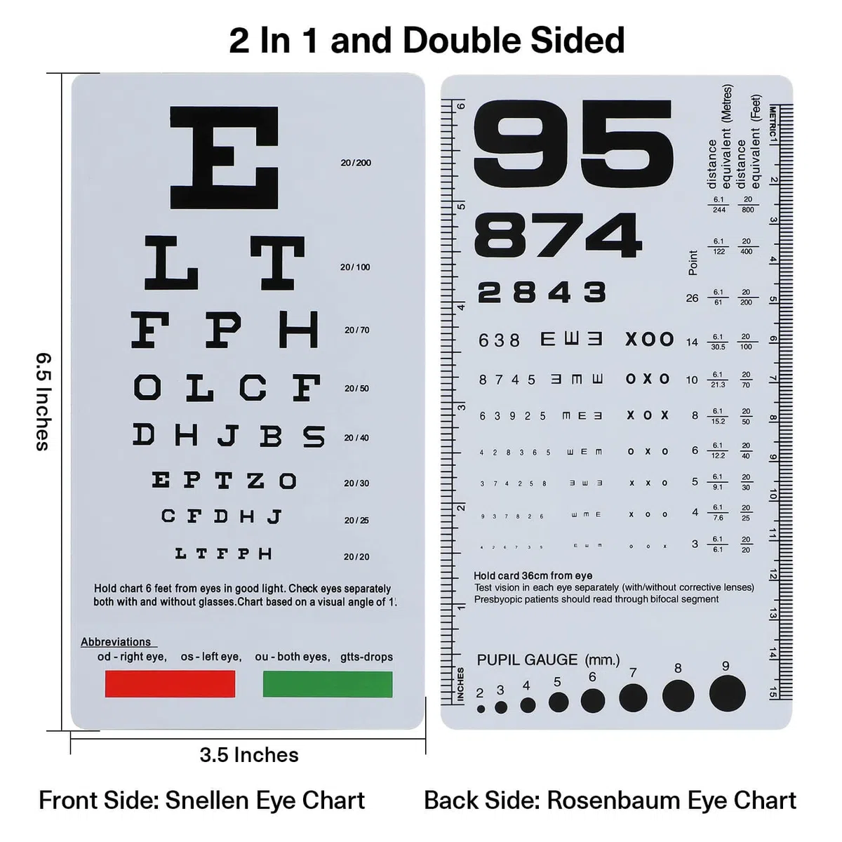 NOYOC Lot de 2 tableaux de poche Snellen & Rosenbaum 2 en 1, 16,5 x 8,9 cm, cartes de basse vision en plastique double face pour examens de la vue (2 paquets de 1,8 m)