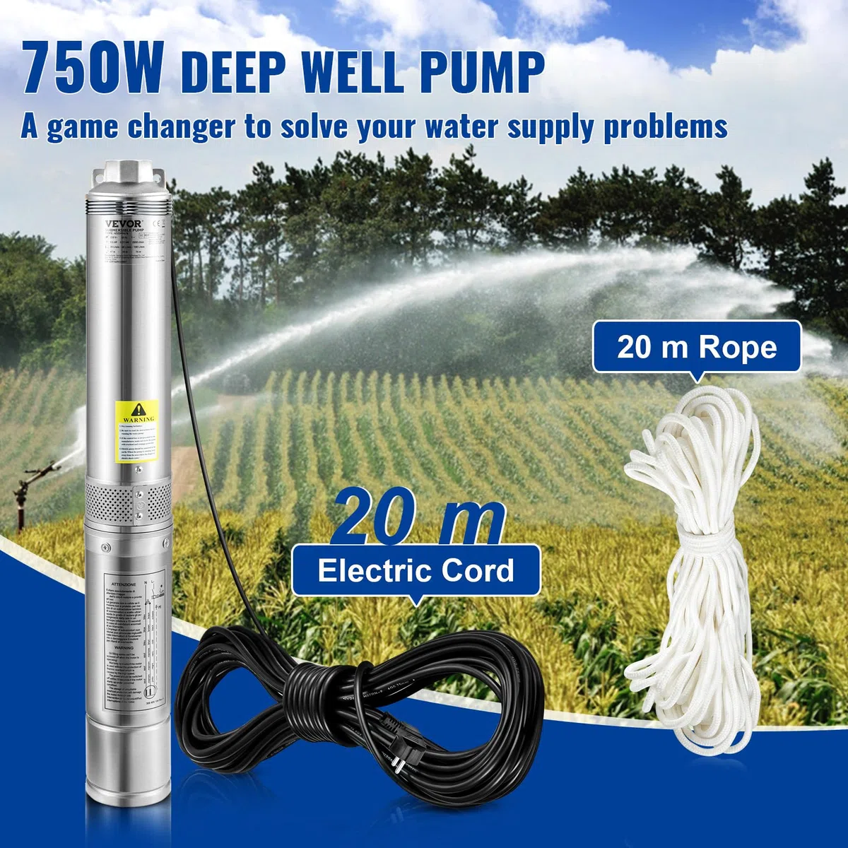 VEVOR Pompe Immergée pour Puits 100 L/min 66 m à Eau Profond en Acier Inox, Électrique 750 W, de Submersible Automatique Usage Domestique Agricole Industriel, Argent,