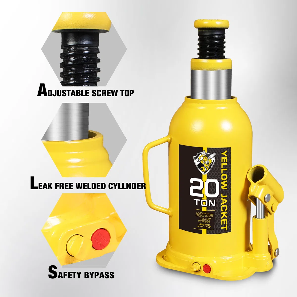 Yellow Jacket Cric Bouteille soudé multidirectionnel 20 tonnes (18,1 kg), cric Bouteille Horizontal pour Voiture, Pickup, Camion, Camping-Car, réparation Automobile, cric Bouteille hydraulique, Jaune