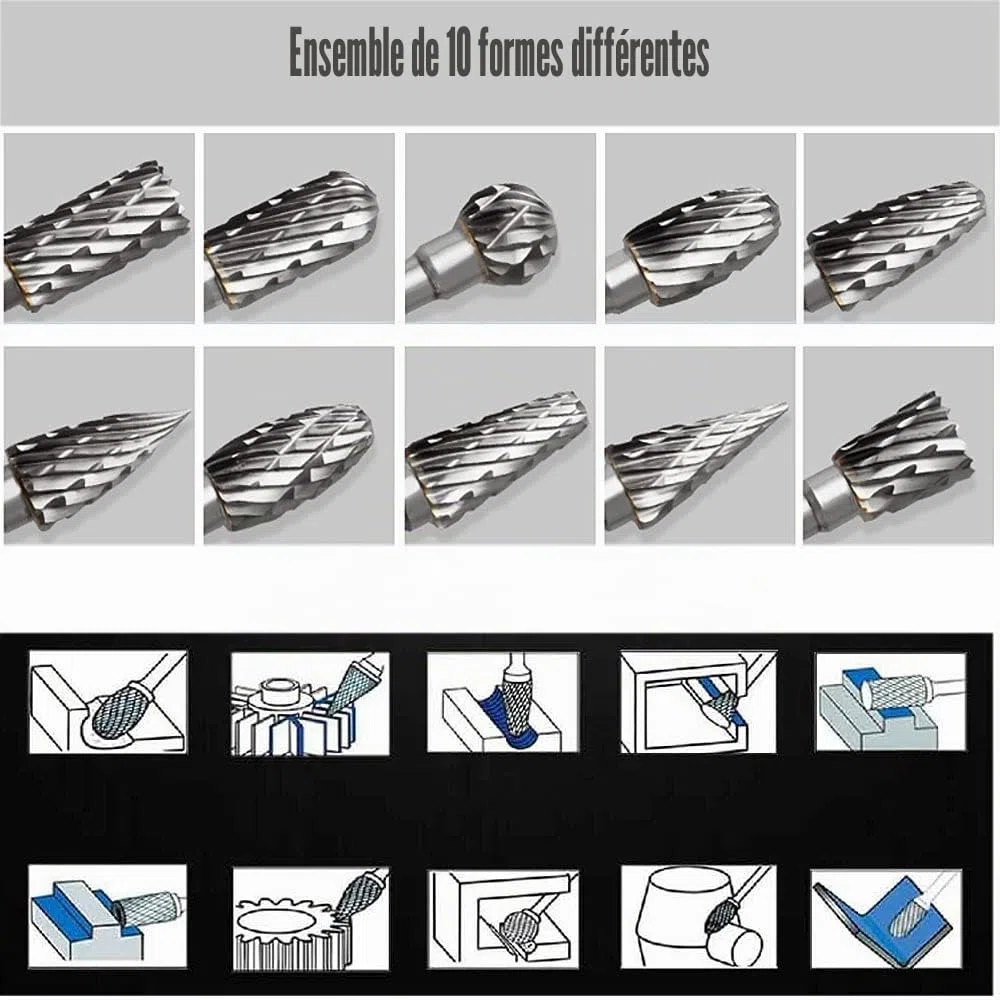 Jeu de Fraises en Carbure de Tungstène pour Dremel, 10 Pièces Fraises Rotatives à Double Coupe avec Tige de 1/8" pour Sculpture sur bois, Gravure, Perçage, Polissage, Travail du métal