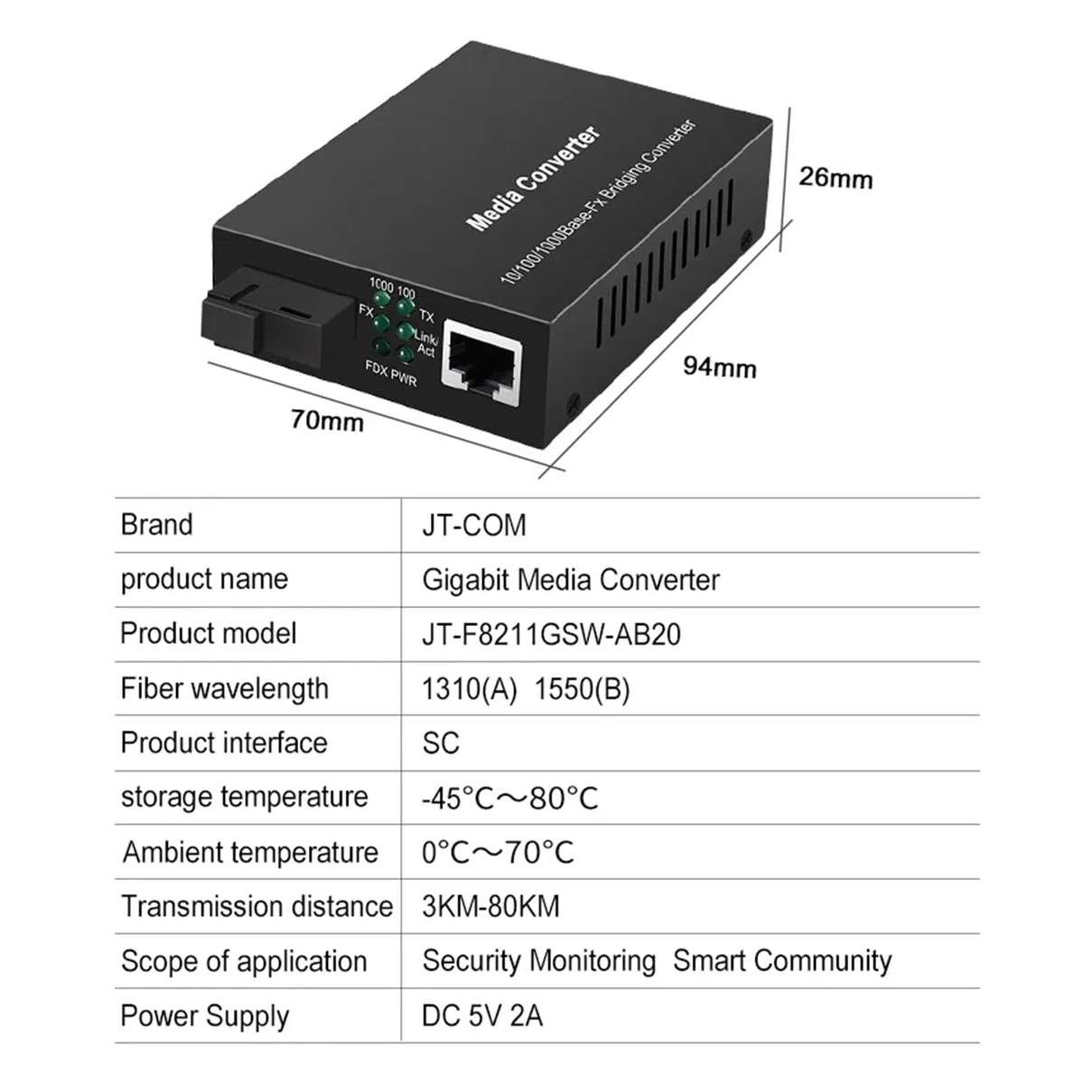 Convertisseur Gigabit 20/40 km Fibre Optique vers RJ45 monomode, commutateur Ethernet émetteur-récepteur Fibre Optique 10/100/1000 mètres(1pair 1G1E 20km)