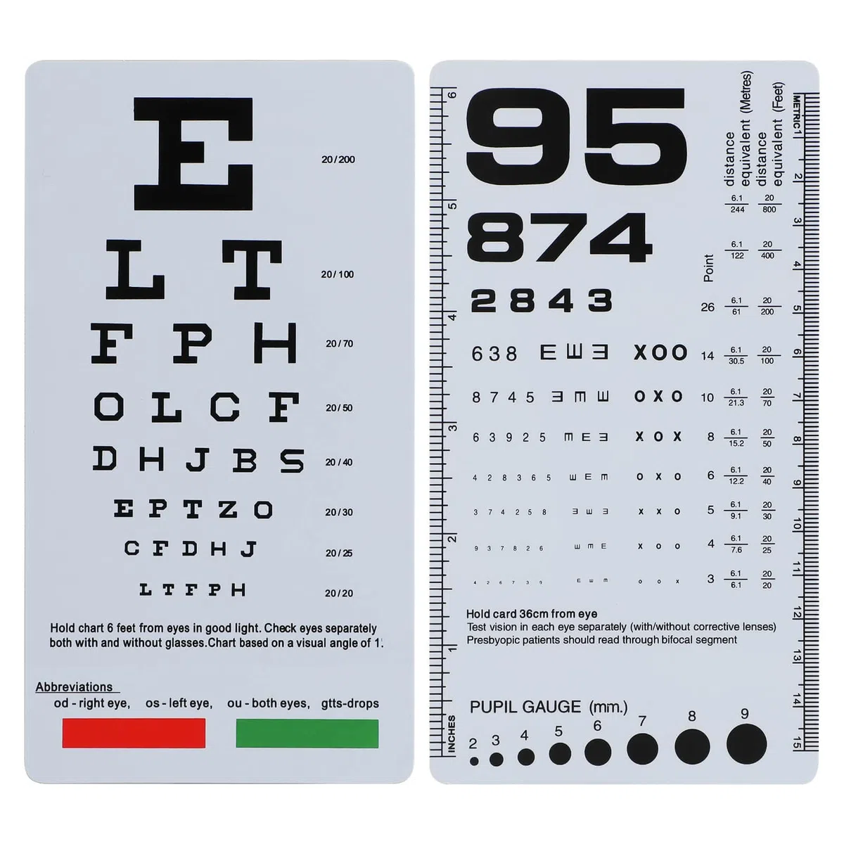NOYOC Lot de 2 tableaux de poche Snellen & Rosenbaum 2 en 1, 16,5 x 8,9 cm, cartes de basse vision en plastique double face pour examens de la vue (2 paquets de 1,8 m)