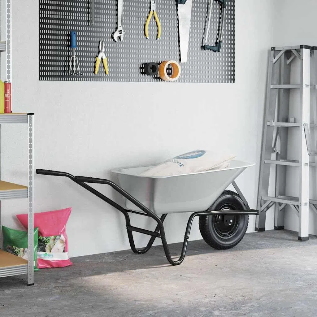 Brouette en acier argenté et noir 141 x 60 x 57 cm avec pneus pneumatiques, fonction bascule et grande capacité de charge pour jardin, chantier, cour et agriculture en extérieur