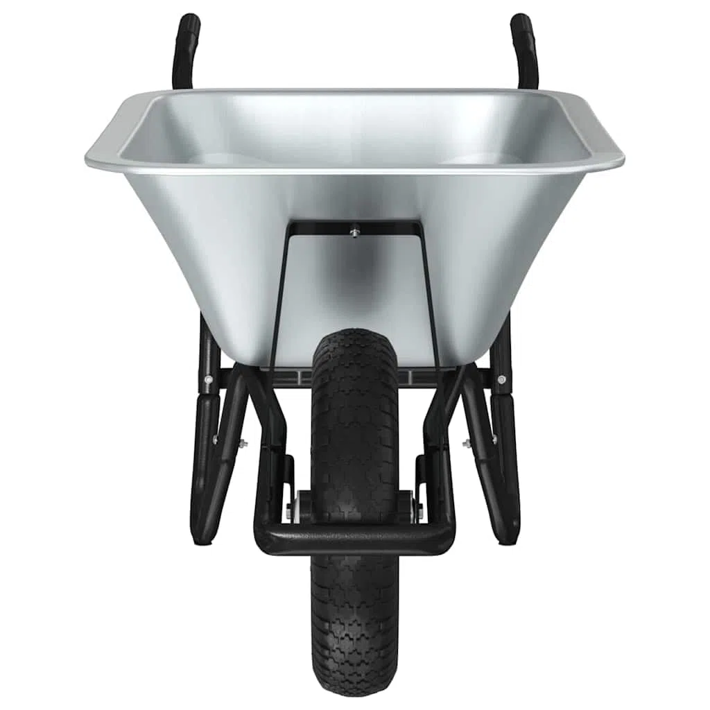 Brouette en acier argenté et noir 141 x 60 x 57 cm avec pneus pneumatiques, fonction bascule et grande capacité de charge pour jardin, chantier, cour et agriculture en extérieur