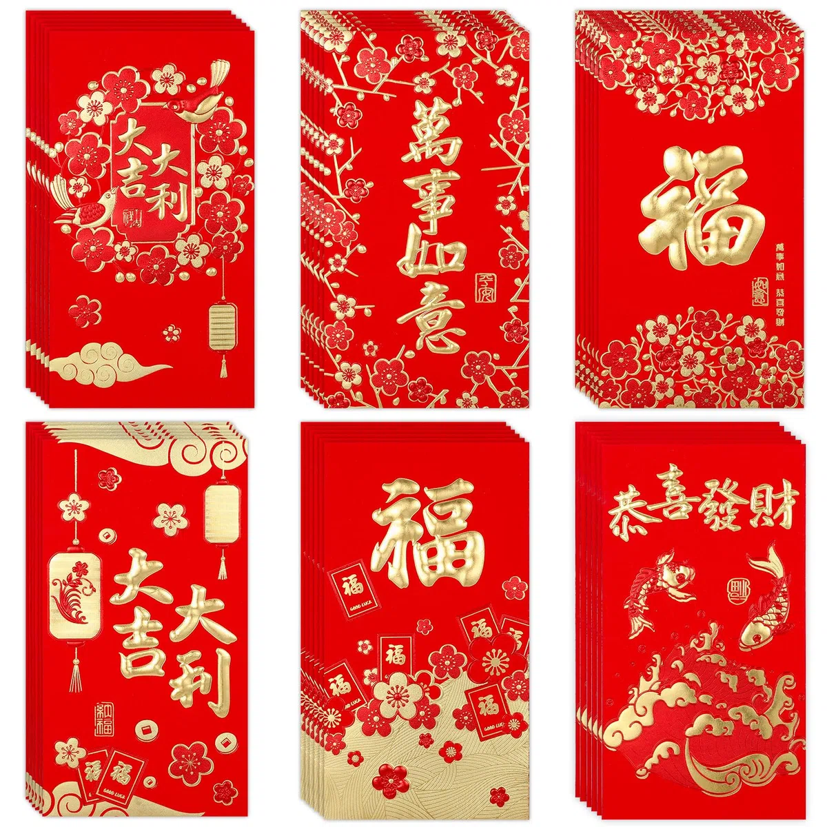 36pcs Enveloppes Rouges Chinoises, 6 Styles Hong Bao avec Estampage à Chaud en Feuille d'Or Enveloppe Porte Bonheur Chinoises pour le Nouvel An Chinois Occasions Festives(Style 3)