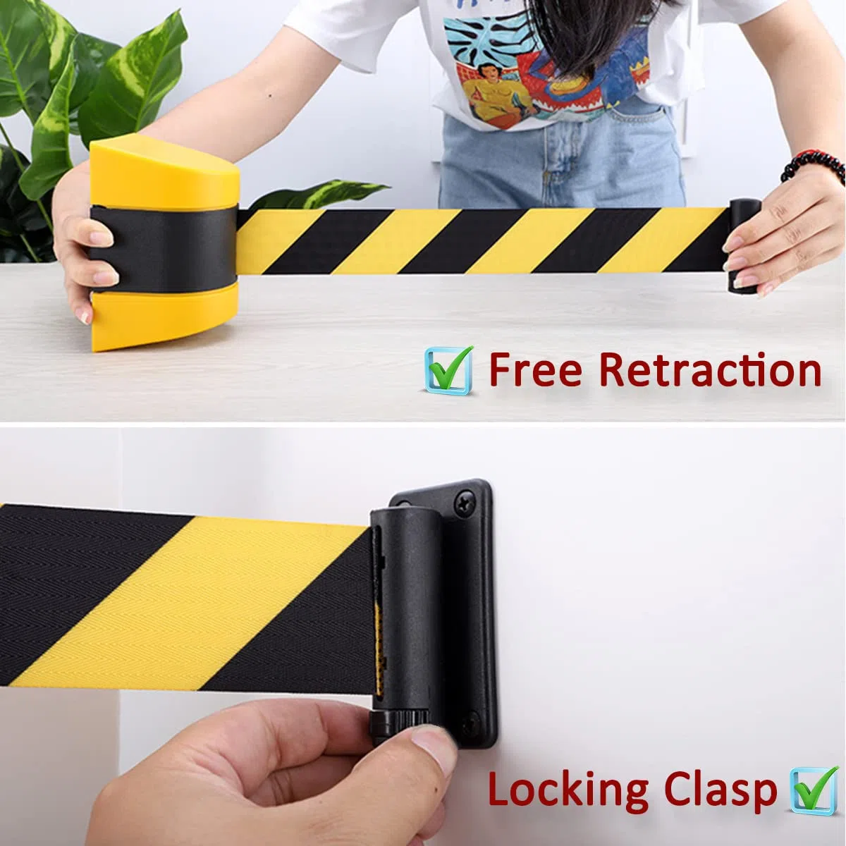 Système de corde de sécurité mural rétractable en ABS jaune pour aéroports, événements, écoles – Solution robuste et de contrôle de la foule – 10,7 m