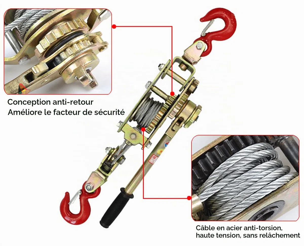 Treuil Manuel Horizontal, Tire Fort 2-3-4 Tonnes pour Forestier Bande Annonce, Palan à Levier Extracteur de Treuil avec 2 Crochets, Conception Anti-Retour+Poignée Antidérapante