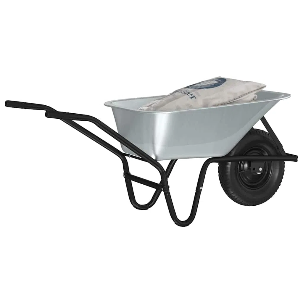 Brouette en acier argenté et noir 141 x 60 x 57 cm avec pneus pneumatiques, fonction bascule et grande capacité de charge pour jardin, chantier, cour et agriculture en extérieur