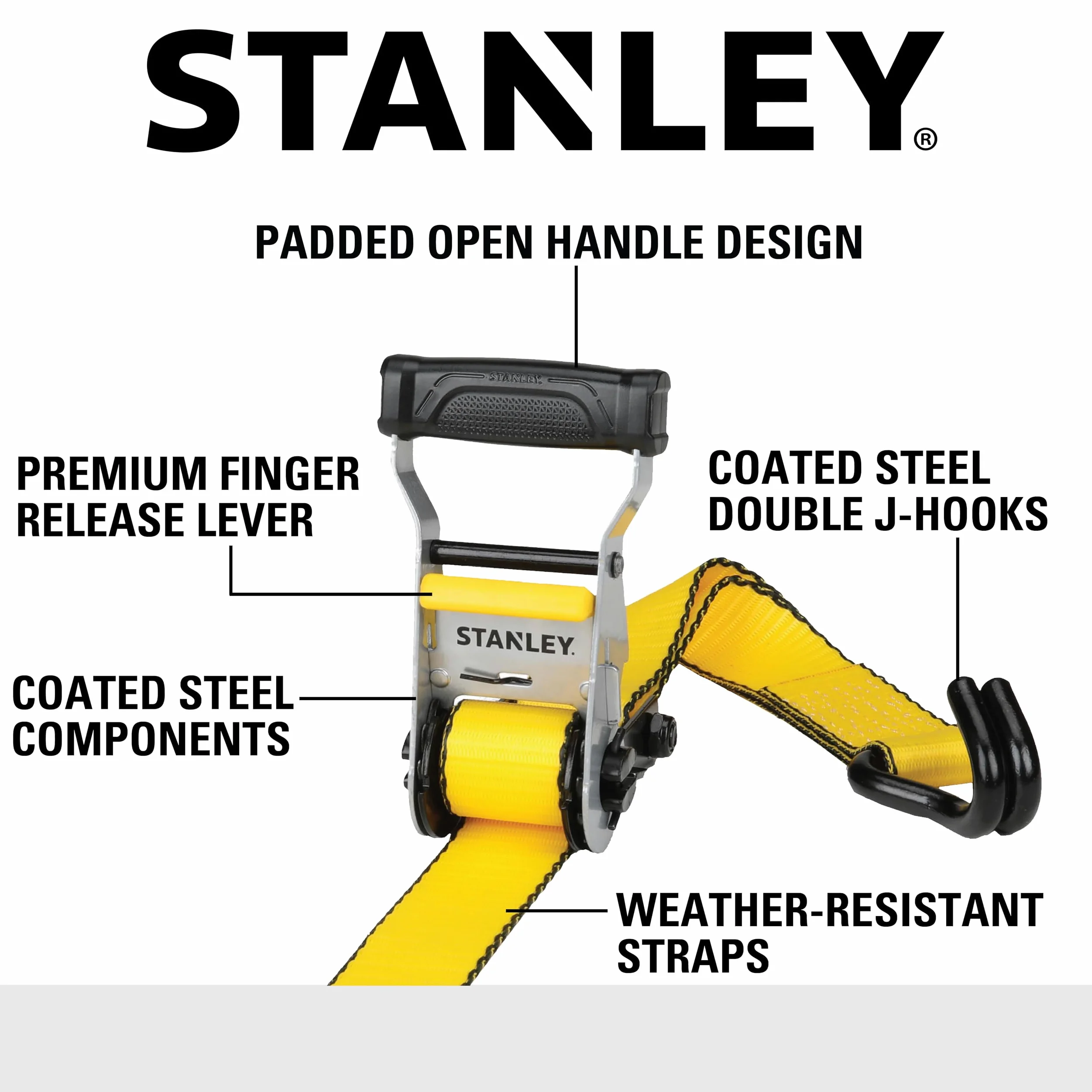 STANLEY S50002-3 Lot de 6 Sangles à cliquet Robustes de 3,8 cm x 4,9 m (résistance à la Rupture de 2,3 kg) Noir/Jaune