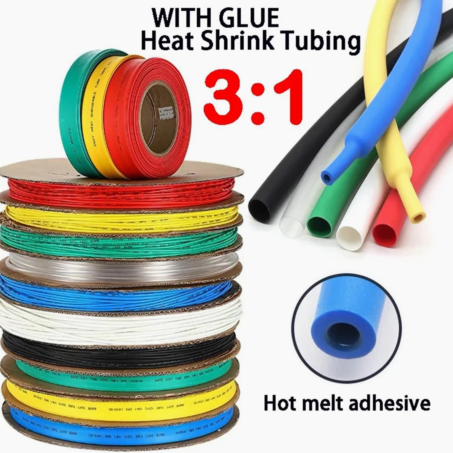 Gaine ThermoréTractable Gaine thermorétractable noire en polyoléfine, 10/50/100 m, 200 m, 3:1, avec colle, rapport de rétrécissement assorti, gaine adhésive for câbles métalliques(Yellow,9.5mm,50m)