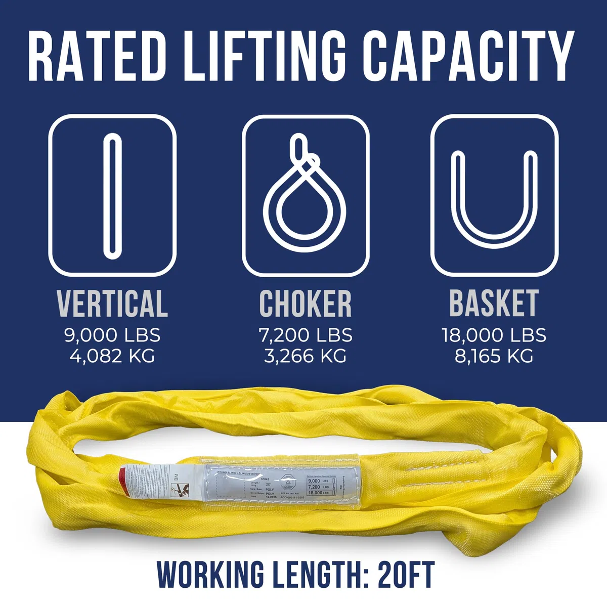 Ben-Mor Sangle de levage ronde 4,082 kg – Polyester Heavy Duty pour gréement, vertical, tour de cou et panier – 6,1 m Jaune