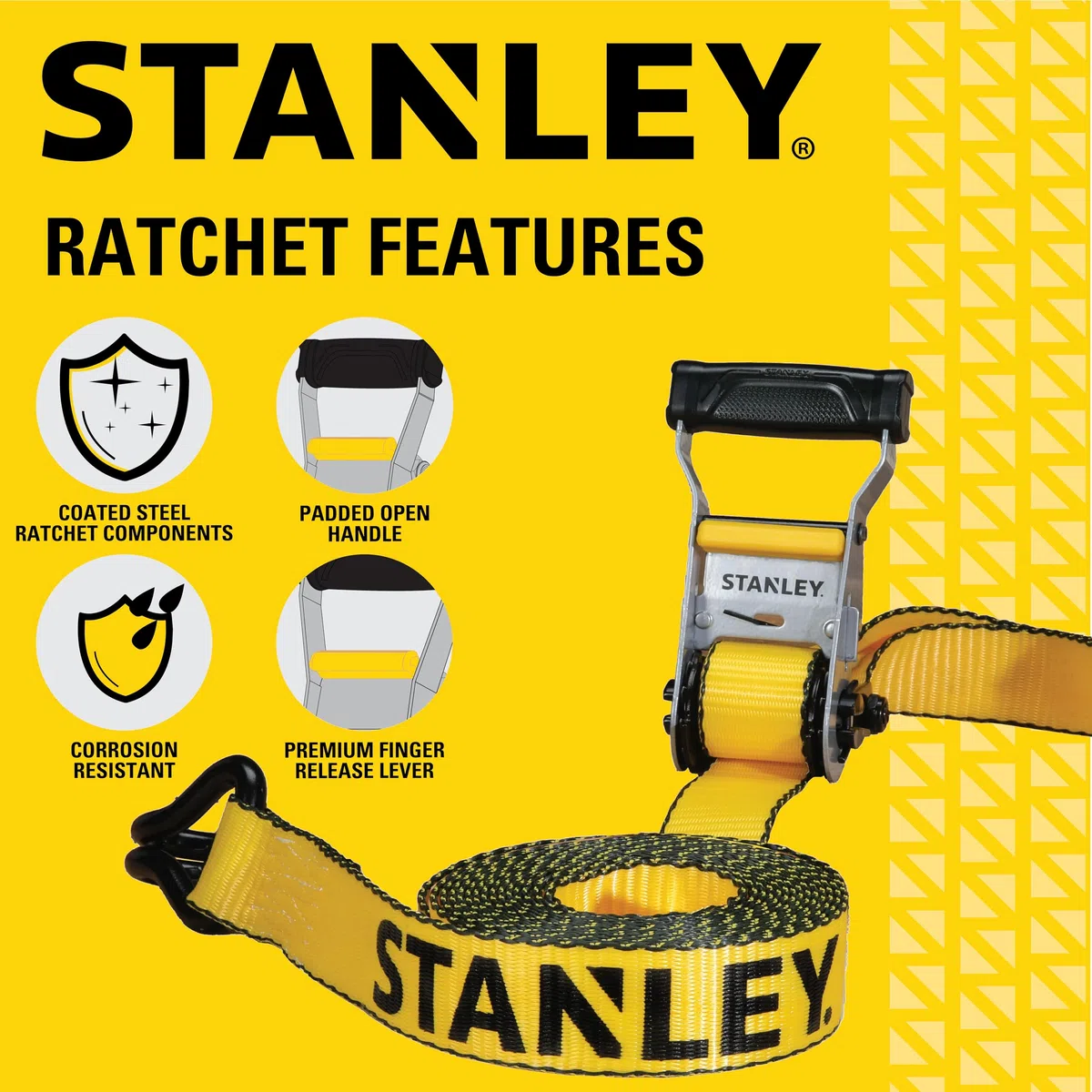 STANLEY S50002-3 Lot de 6 Sangles à cliquet Robustes de 3,8 cm x 4,9 m (résistance à la Rupture de 2,3 kg) Noir/Jaune