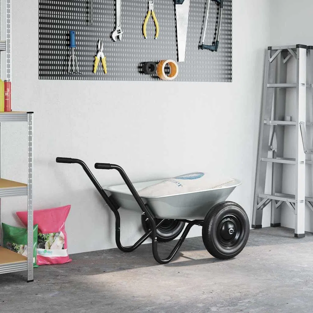 Brouette en Acier Argent et Noir 124 x 73 x 65 cm Robuste pour Jardinage Transport Chantier manutention avec Roue Pneu poignée Manche Pratique