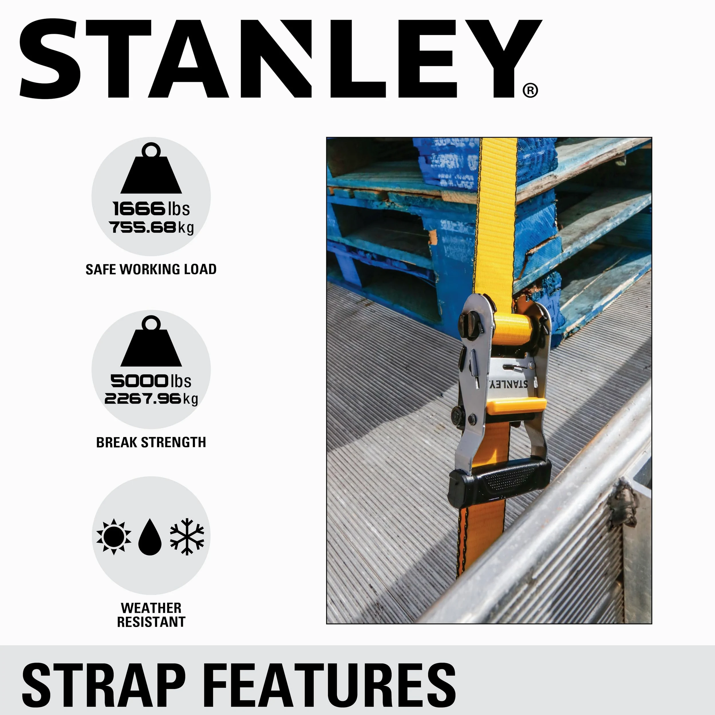 STANLEY S50002-3 Lot de 6 Sangles à cliquet Robustes de 3,8 cm x 4,9 m (résistance à la Rupture de 2,3 kg) Noir/Jaune