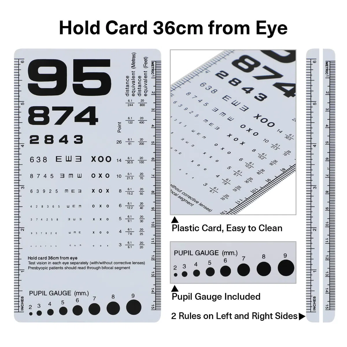 NOYOC Lot de 2 tableaux de poche Snellen & Rosenbaum 2 en 1, 16,5 x 8,9 cm, cartes de basse vision en plastique double face pour examens de la vue (2 paquets de 1,8 m)