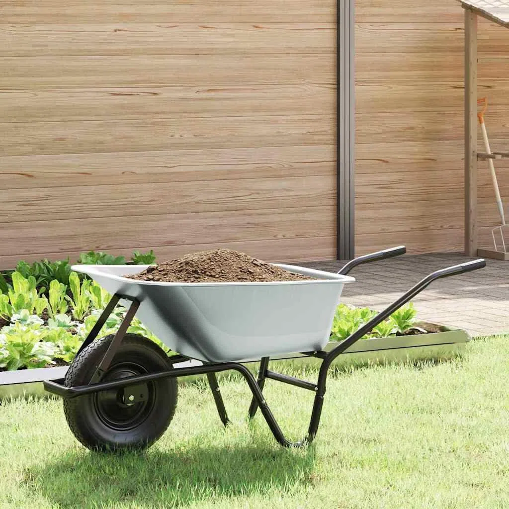 Brouette en acier argenté et noir 141 x 60 x 57 cm avec pneus pneumatiques, fonction bascule et grande capacité de charge pour jardin, chantier, cour et agriculture en extérieur