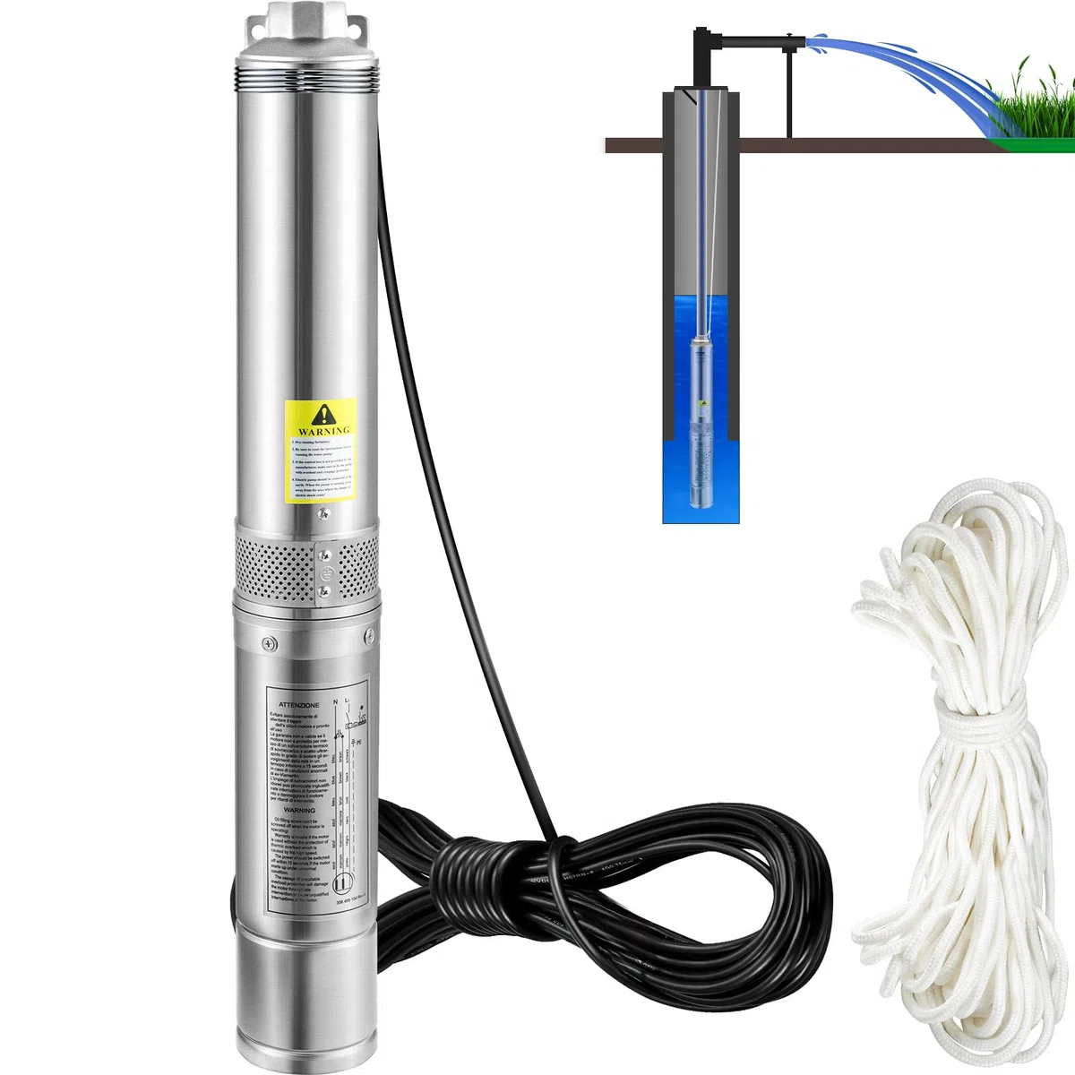 VEVOR Pompe Immergée pour Puits 100 L/min 66 m à Eau Profond en Acier Inox, Électrique 750 W, de Submersible Automatique Usage Domestique Agricole Industriel, Argent,
