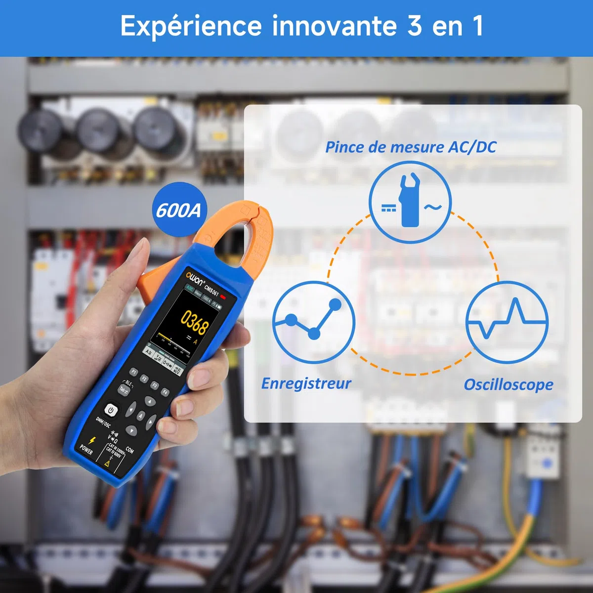 OWON CMS061 Pince électrique AC/DC 600A, fonction écrivain, oscilloscope 3-en-1, 20000 Count True RMS Auto-Ranging, Alarme, NCV, Pince d'alimentation Bluetooth